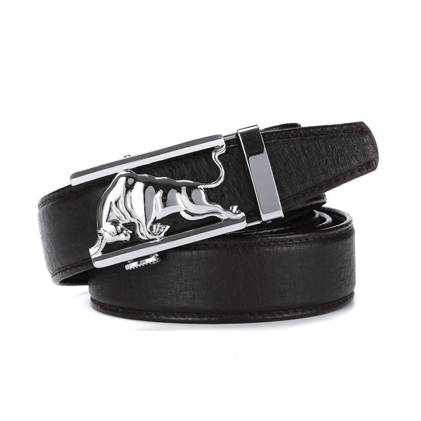 EZ Click Men's Leather Belt with Silver Bull Buckle