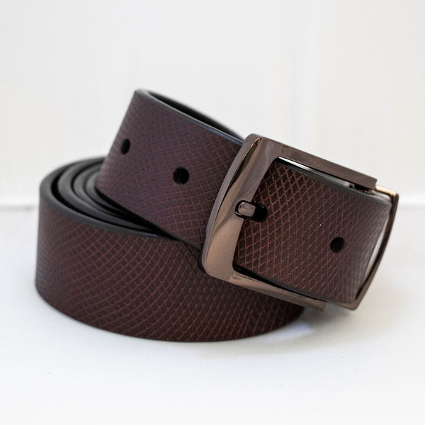 Men's Dress Textured Leather Belt with Gloss Brown Buckle'