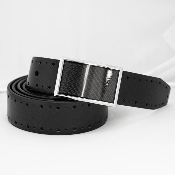 Men's Reversible Leather Belt with Silver and Carbon Fiber Buckle