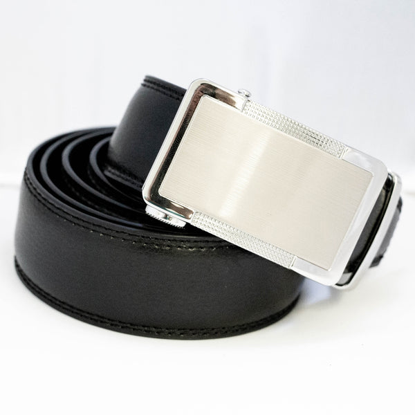 EZ Click Men's Leather Belt with Bordered Brushed Silver Buckle