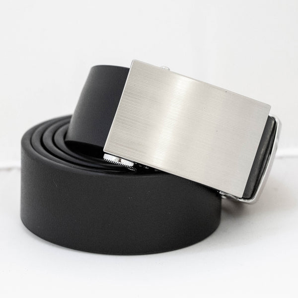 EZ Click Men's Leather Belt with Brushed Silver Buckle