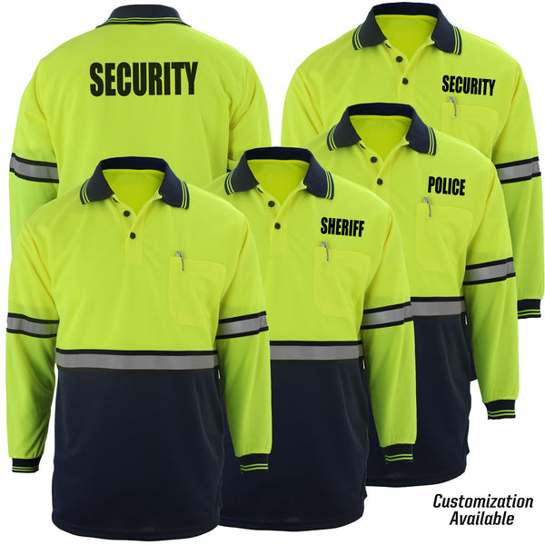 First Class Two Tone Long Sleeve Polo Shirt with Reflective Stripes and ID