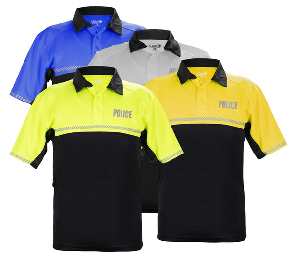 100% POLYESTER JERSEY KNIT TWO TONE REFLECTIVE POLICE BIKE PATROL POLO SHIRTS