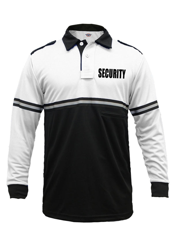 First Class Two Tone Security Long Sleeve Bike Patrol Shirt With Zipper Pocket-White and Black-X-Small