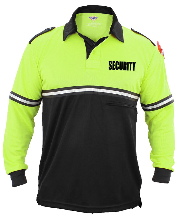 First Class Two Tone Security Long Sleeve Bike Patrol Shirt With Zipper Pocket-Lime Green and Black-X-Small