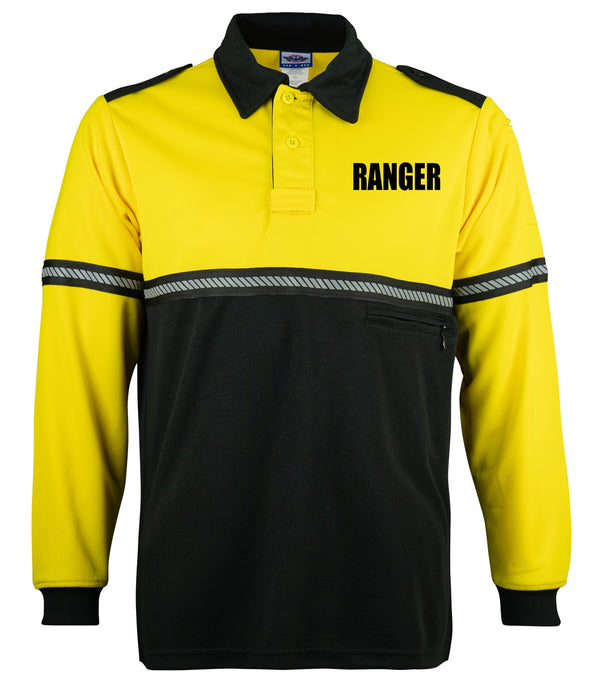 First Class Two Tone Long Sleeve Bike Patrol Shirt with Zipper Pocket and Hash Stripes with Ranger ID-Yellow and Black-Large